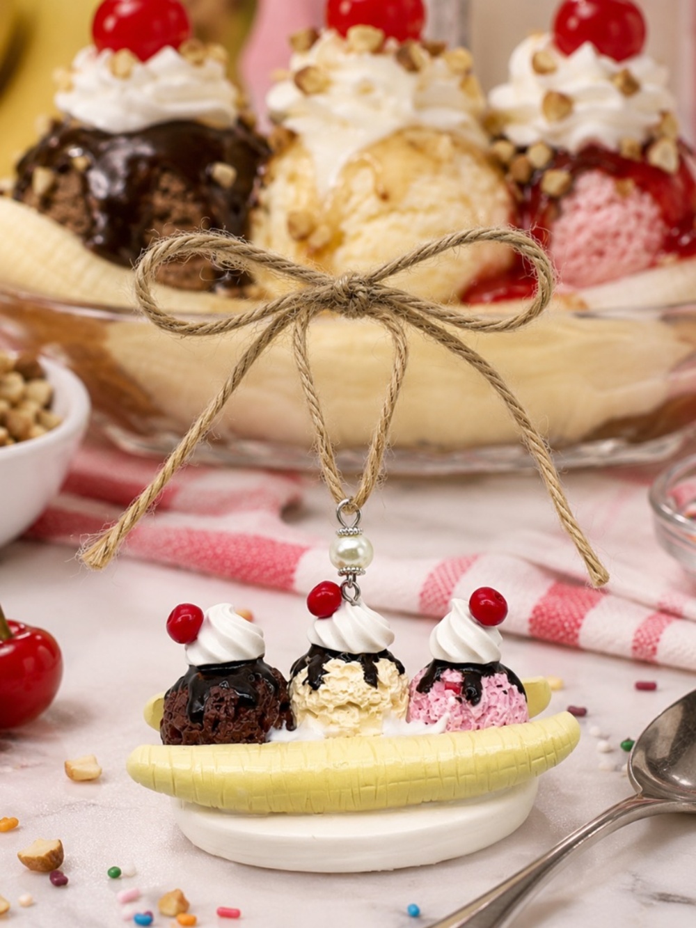 Banana Split Ice Cream Sundae Ornament | Handmade Miniature Banana Split Dessert